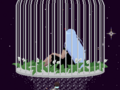 The Celestial Prisoner, a light-blue haired person in a black dress in a birdcage surrounded by plants.