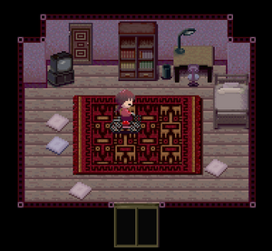 Madotsuki with the bike effect in Madotsuki's room.png