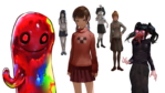 The png of the fifth page of yume nikki's official page, where we can see (from the left to the right) ByuuByuu-kun, Monoe, Madotsuki, Monoko, Ponika and a Terinigen