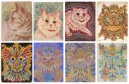 Various cats drawn by Louis Wain. FACE bears a resemblance to the more distorted ones.