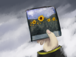 Early concept art, Fluorette holding a picture of sunflowers
