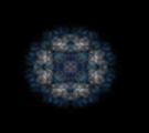 A kaleidoscopic pattern with varying shades of blue and white on a black background. Despite the symmetry of the pattern itself, it is not perfectly centered.