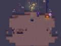 The Starlight Witch is dressed in a purple witch outfit with stars on it. She has red hair and blue skin. In the center of the room is a pot of green, glowing liquit. To the right an oven blazes. Magical trinkets line the shelves and wall. Glowing, star shaped lights hand from the ceiling. Minnatsuki sits at the table, facing the Starlight Witch.